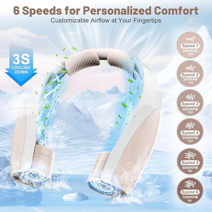 AI Portable Neck Fan with 6 Powerful Speeds, 8000mAh Battery Operated USB-C