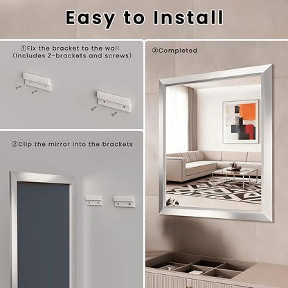 Amorho Bathroom Mirror, 44x36 Inch Silver Thick Metal Framed Wall Mirrors