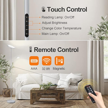 OUTON LED Floor Lamp, 27W/2400LM Torchiere Lamp & 7W/ 400LM Reading Lamp, Bright Dimmable Standing Tall Lamp with 4 Color Temperature, Remote Touch Control for Living Room Bedroom Office, Silver Grey