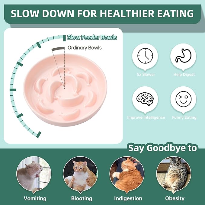 Ceramic Cat Slow Feeder Bowl - Pastel Series Cat Plate for Dry and Wet Food - Cute Maze Feeder Dish for Healthy Eating - Dishwasher Safe - 6.3''W x 1.2''H - 7 OZ - Light Pink