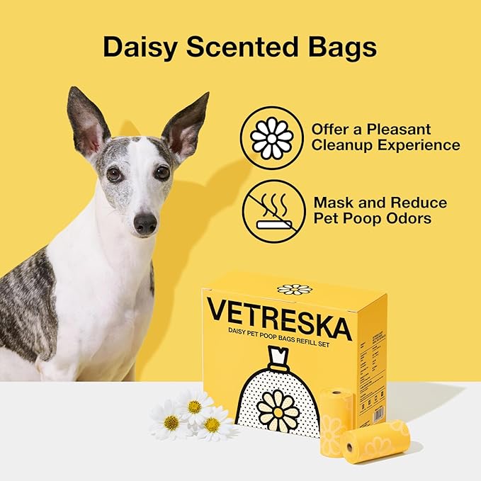 VETRESKA Dog Poop Bag Rolls Daisy Scented Leak-proof Pet Waste Bags Thick and Large Trash Bags for Dog Walking 20 Refill Rolls 300 Bags