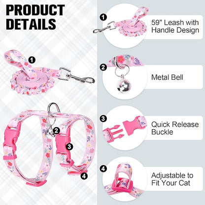 BEAUTYZOO Cat Harness and Leash Set Escape Proof for Walking, Kitten Soft Adjustable Vest Harnesses for Small Medium Large Cats, Easy Control Breathable Plaid Ribbon Nylon for Outdoor Indoor Use