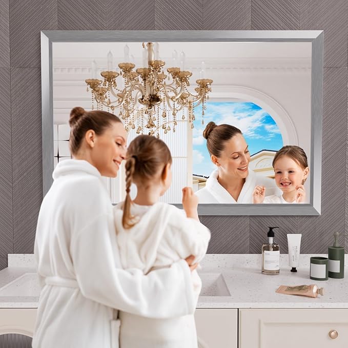 Amorho 50 X36 Inch Bathroom Mirror Silver, Thick Metal Framed Wall Mirrors