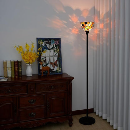 Tiffany Floor Lamp Tochiere Standing Multicolored Stained Glass Floor Light Vintage Tall Pole Uplight Lamp Rustic Corner Lamp with Foot Switch for Home Decor Living Room Bedroom