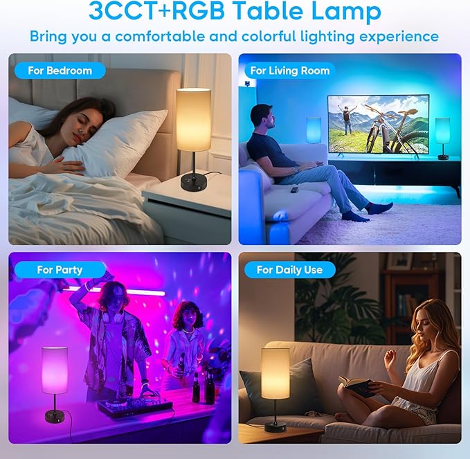 Unicozin 17Inch Table Lamp, 3 CCT 3000K/4500K/6500K & RGB Color Changing, Stepless Dimmable Bedside Lamp for Reading, Ambience Nightstand Light for Home Decor Party, Cream Shade