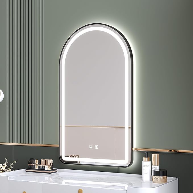 24x36 inch Black Tempered Glass LED Arched Mirror