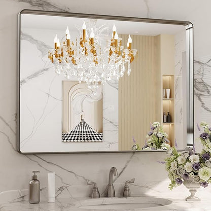 LOAAO 40X30 Inch Brushed Nickel Bathroom Mirror, Rounded Rectangle Silver Metal
