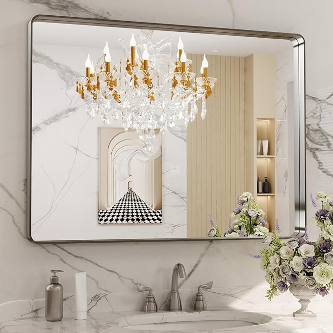 LOAAO 40X24 Inch Brushed Nickel Bathroom Mirror, Rounded Rectangle Silver Metal