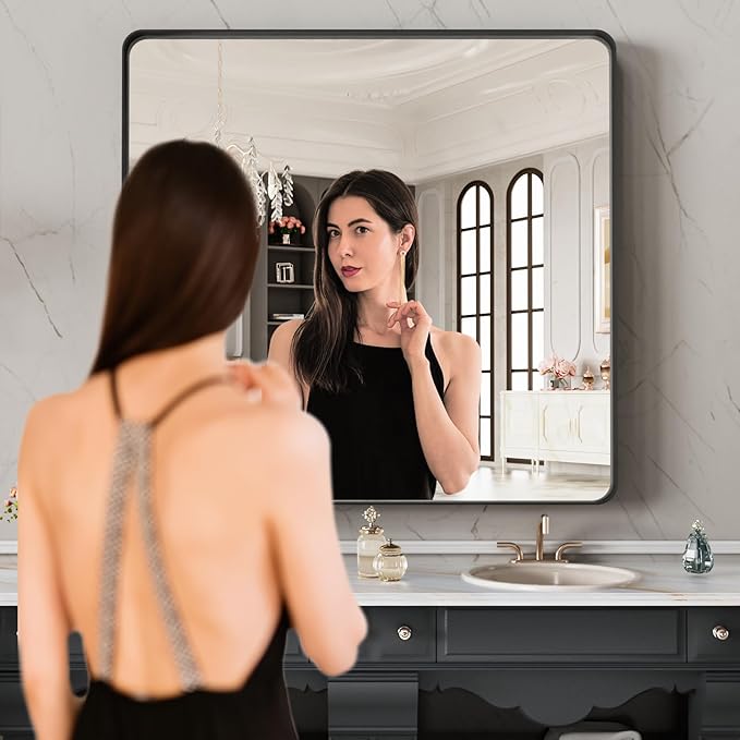 LOAAO 40X38 Inch Black Metal Framed Bathroom Mirror