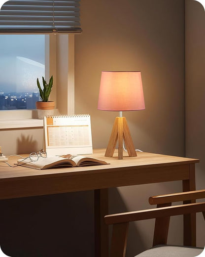 Small Tripod Table Lamp, Modern Nightstand Lamp with Fabric Shade, Boho Bedside Wood Desk Light for Bedroom, Kids Room, Living Room, Office, Study, Pink, P51TL05