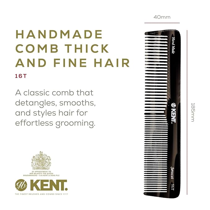 Kent 16T Black Graphite Fine and Wide Tooth for Daily Grooming,Handmade Styling Comb for All Hair Types,Wet or Dry Hair Detangling Comb for Men and Women,Saw Cut Hand Polished,Made in England