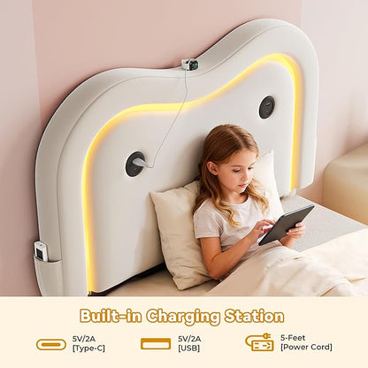 Twin Size Floating Bed Frame with LED Lights, Velvet Upholstered Headboard Bed Frame for Kids/Girls, Rounded Corners, Charging Station, No Box Spring Needed, White