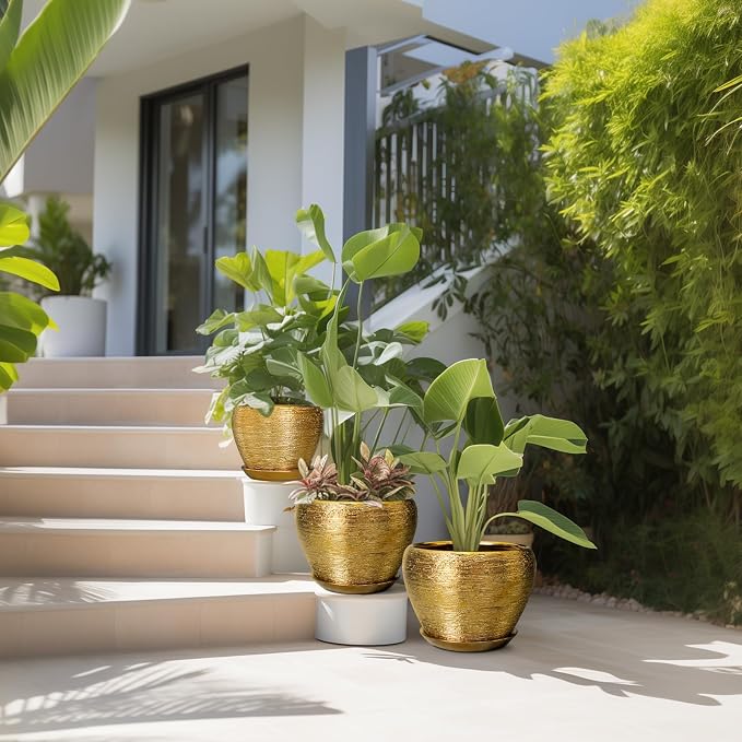 Flower Pots for Indoor & Outdoor Plants - Ceramic Pots 10 Inch, 8 Inch, 6 Inch with Drainage Holes, Saucers - Decorative Large Planters Set of 3 Gold