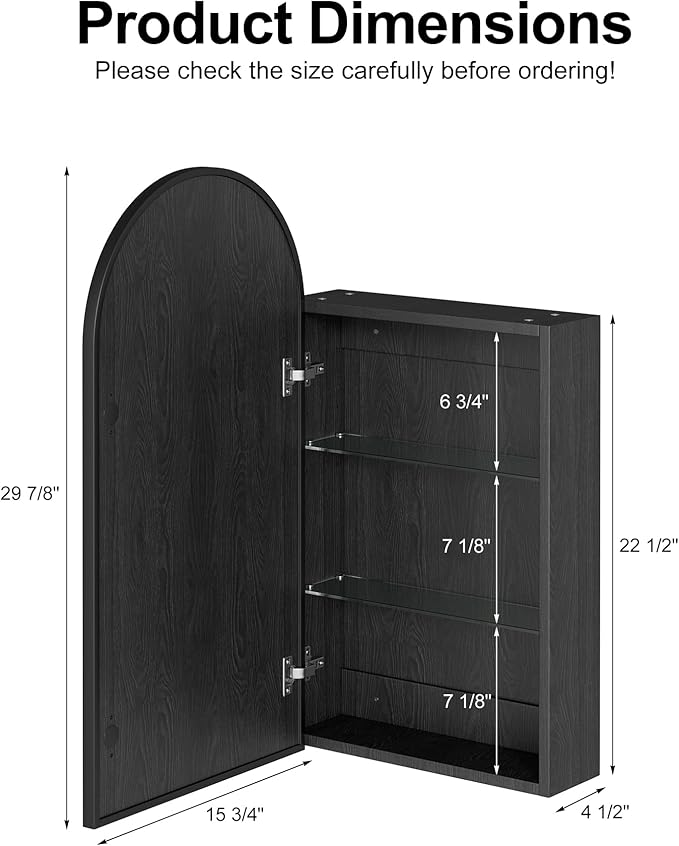Arched Medicine Cabinet with Mirror, Brushed Black Wall Mounted Bathroom Mirror