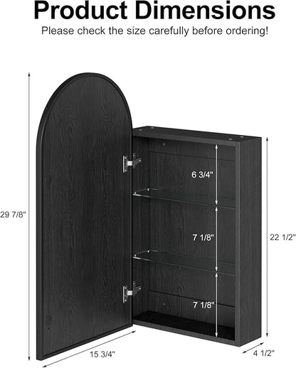 Arched Medicine Cabinet with Mirror, Brushed Black Wall Mounted Bathroom Mirror