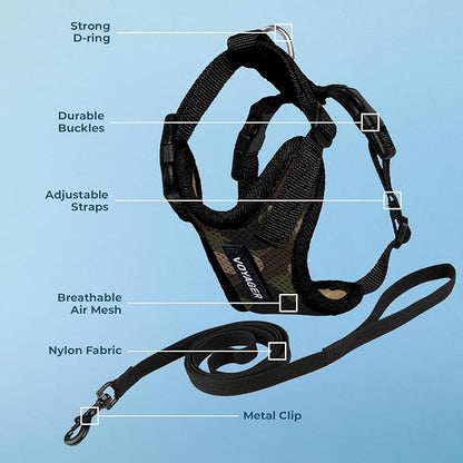 Voyager Step-in Lock Adjustable Cat Harness w. Cat Leash Combo Set with Neoprene Handle 5ft - Supports Small, Medium and Large Breed Cats by Best Pet Supplies - Army/Black Trim, XXXS