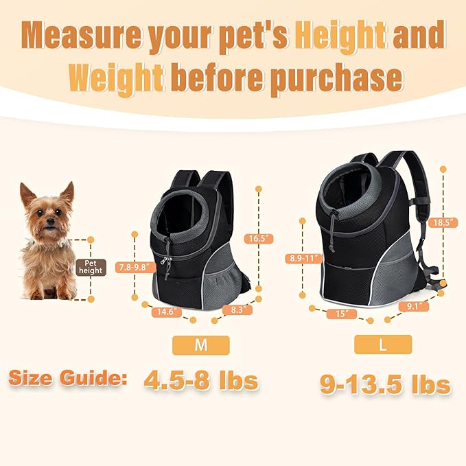 YUDODO Dog Front Carrier Backpack, Adjustable Breathable Dog Backpack | Ventilated, Safety Belt, Lightweight, Reflective Strip, Pocket Storage, For Walking Hiking Outdoor, Black, M