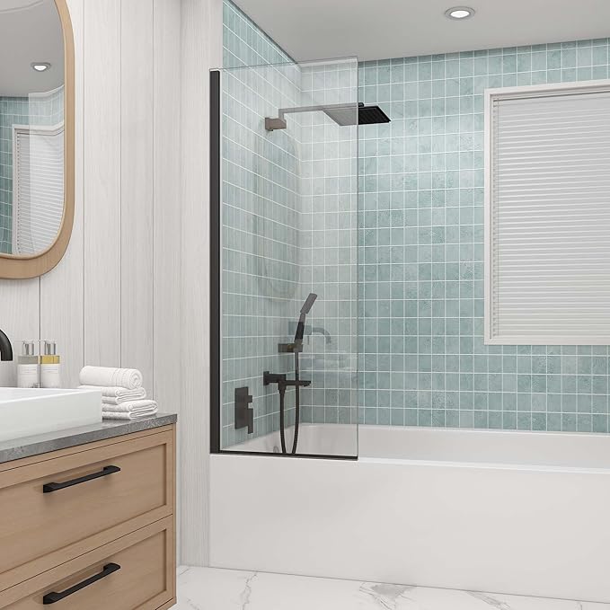 Sunrosa 24"×60" Bathtub Glass Panel, 8mm Thick Shower Screen, Matte Black