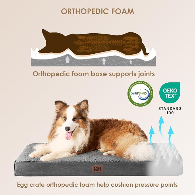 EHEYCIGA Orthopedic Dog Bed Large with Removable Washable Cover, 50IN Grey | Egg Crate Foam Support, Durable Oxford fabric, Non-Slip Bottom, Machine Washable, Soft Waterproof Plush Pet Bed Mat For Crate