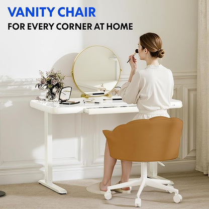 FLEXISPOT Makeup Vanity Chair with Back Velvet Armless Home Office Desk Chairs with Wheels, Cute Flower Modern Accent Chair for Girls Women Living Room Bedroom Vanity Study Small Space, Brwon