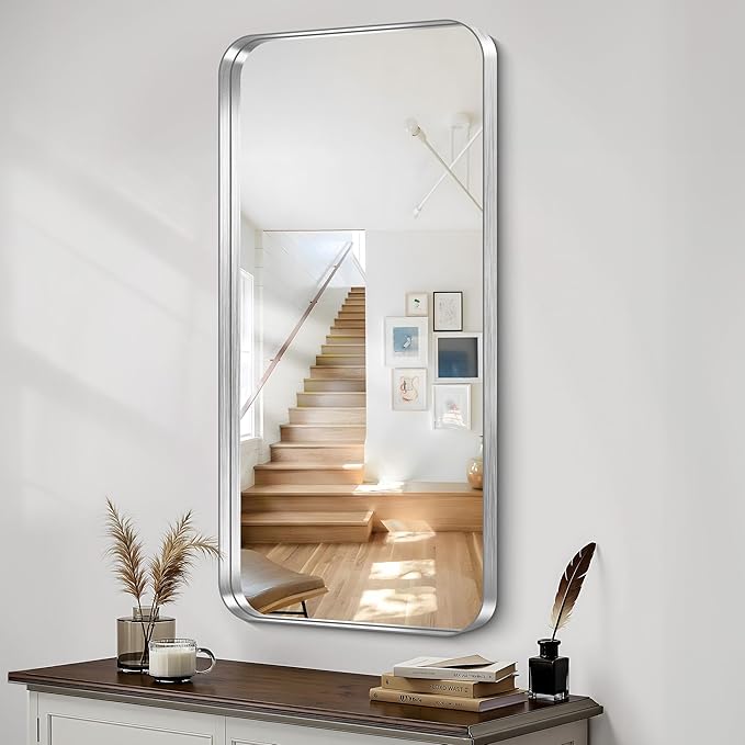 CIRCUMI Silver Bathroom Mirror, Rounded Corner, Tempered Glass, Large Mirror