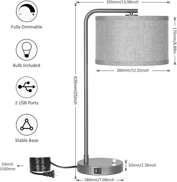 Gray Bedside Lamp with USB C+A Charging Ports, Fully Dimmable Modern Nightstand Lamp with Grey Fabric Shade, Tall Reading Lamp Desk Lamp for Bedroom Living Room Office with 3000K LED Bulb