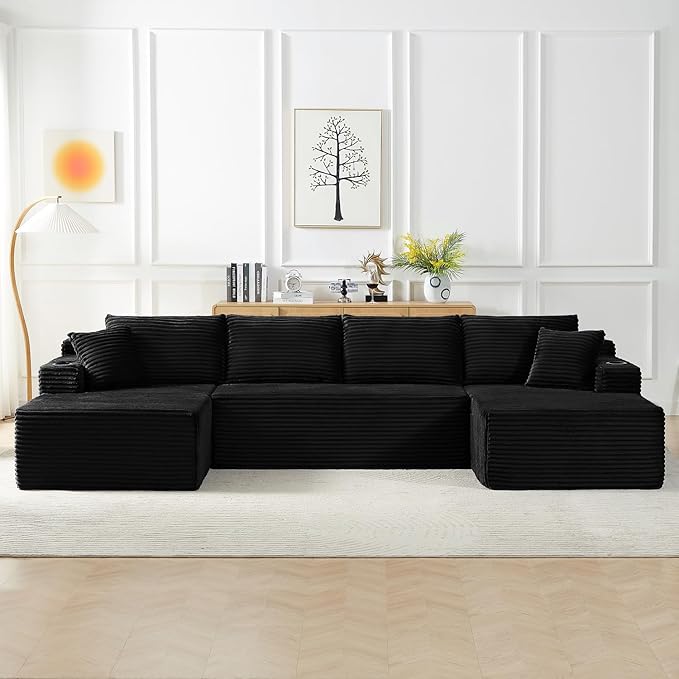 134 Inch Modular Sectional Sleeper Sofa, Boneless Cloud Couch for Living Room, U Shaped 5 Seat Sofa with 2 Storage Pockets& 2 Cup Holders, Free Combination, No Assembly Required (Black)