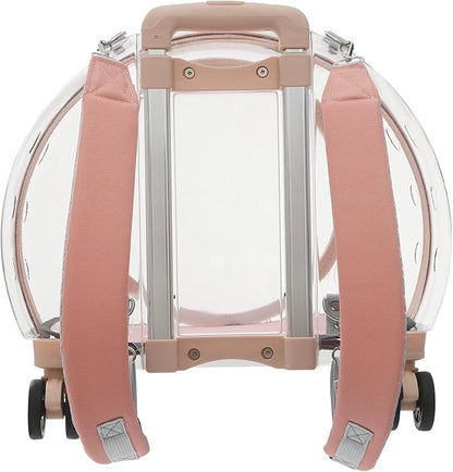 Cat Backpack Carrier, Transparent & Fully Breathable Hard cat Carrier with Rolling Wheels for Kitty Small Dog up to 19lbs, Multiple Carrying Options, Perfect for Travel Hiking, Pink, Clear