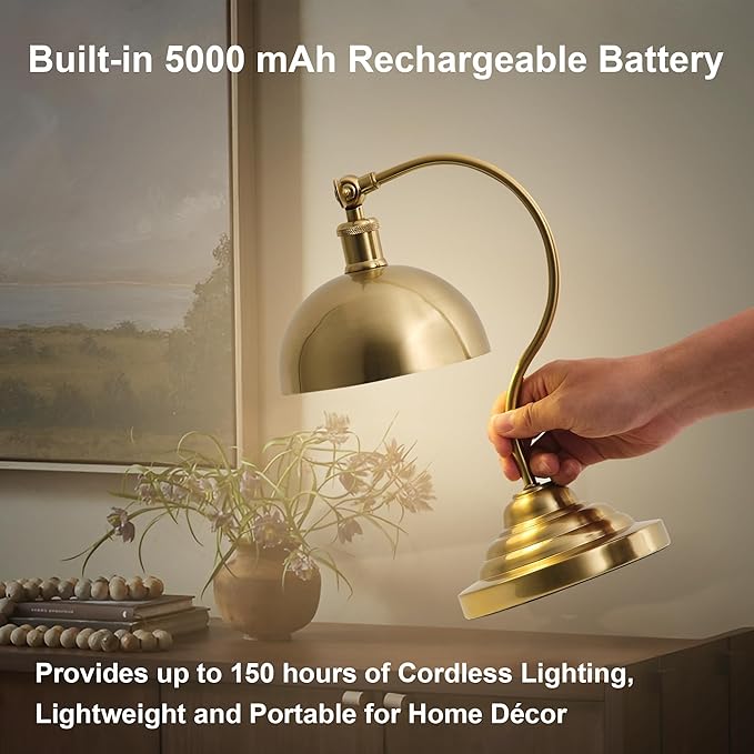 Cordless LED Table Lamp Set of Two, Swing Arm Desk Lamp, Rechargeable, Dimmable/3 Color/Memory Function, Modern Rechargeable Table Light for Living Room,Bedroom,Bedside, Brass