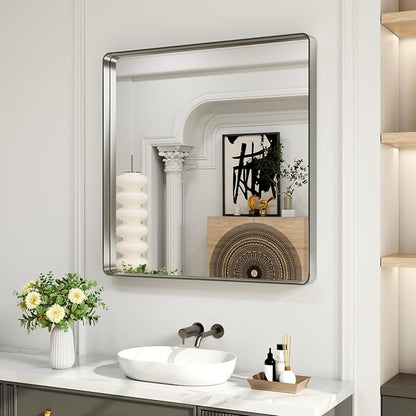 LOAAO 38X38 Inch Brushed Nickel Bathroom Mirror, Rounded Rectangle Silver Metal