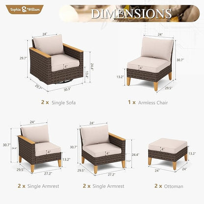 Sophia & William Patio Furniture Set with Swivel Chairs, 9 Piece Outdoor Sectional Furniture Wicker Modular Sofa Couch, Conversation Set for Deck Backyard Lawn, Beige