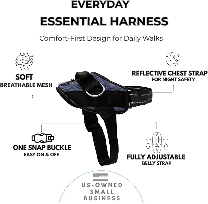 ShawnCo Essential Dog Harness, No-Pull Pet Vest (Dark Camo,L) | 3 Leash Clips, Easy On, No-Choke, Reflective, Adjustable Fit, Padded Comfort, Control Handle, For Small, Medium & Large Dogs