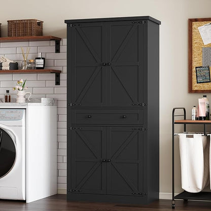 Pantry Organizers and Storage Cabinet, 70” Barn Door White Kitchen Cabinet