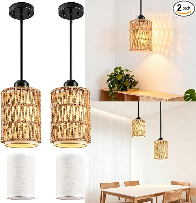 Pendant Lights for Kitchen Island, 3-in-1 Upgrade Larger Rattan Hanging Light Shade with Linen Shade, Adjustable Height Boho Hanging Lamp Fixture for Dining Room, Farmhouse, Bedroom (2 Pack)
