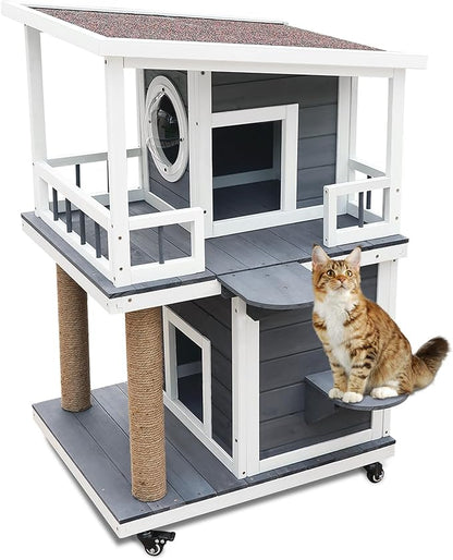 Rockever Outdoor Cat House, 2 Story Outdoor Cat Houses for Feral Cats Wooden Outside Cat Shelter Weatherproof with Escape Door & Cat Scratching Post