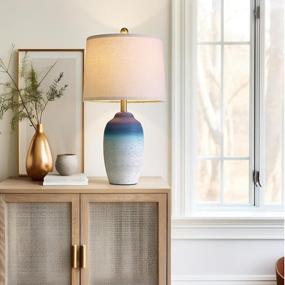 24.5" Vintage Ceramic Table Lamp - Single Farmhouse Rustic Bedside Lamp with Natural Textured Finish, Nightstand Lamps for Living Room, Bedroom, End Table, Office White and Blue