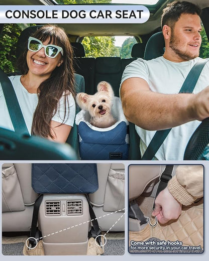 PETSFIT Puppy Car Seat with Washable Cushion, Soft Pillow, Safety Leash | Dual Seat-rail Hooks with Adjustable Straps Help Reduce Shifting, Dog Console Car Seats for Small Dogs Under 8 lbs,Blue