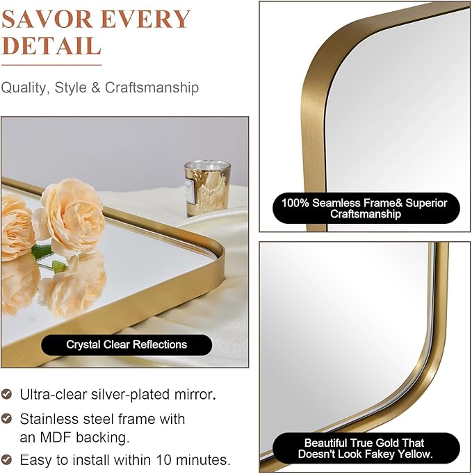 ANDY STAR Gold Bathroom Mirror, 24x36 Brushed Brass Rectangle Metal Frame Mirror