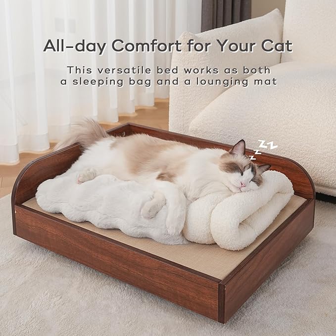 4 in 1 Cat Sleeping Bag Plush Self Warming Cat Bed Snuggle Bag Blanket Mat Cave (Small Cats Up to 15 lbs) White 21 × 17 Inch