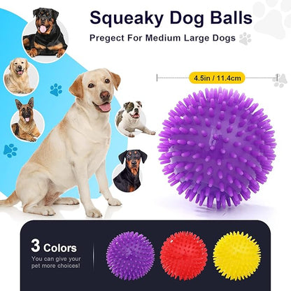 VITEVER 3 Colors 4.5” Heavy Duty Squeaky Dog Toy Balls for Medium Large Dogs, Dog Chew Toys for Teething, Spiky Balls for Aggressive Chewers, Durable Toys for Teeth Cleaning and Training