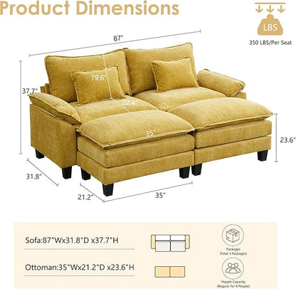 URRED Cloud Couch Modular Sectional Sofa, 87" Modern Loveseat Sofa with 2 Ottomans & Pillows, Ultra Comfy Chenille Couches for Living Room, Bedroom or Apartment, Yellow