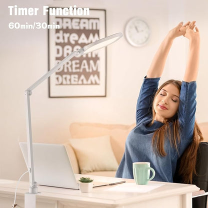 LED Desk Lamp for Home Office, 15W Desk Light with C- Clamp, Swing Arm, Memory & Timer Function, 1200LM Dimmable Computer Light for Video Calls, Conference, Study (White-Clamp)