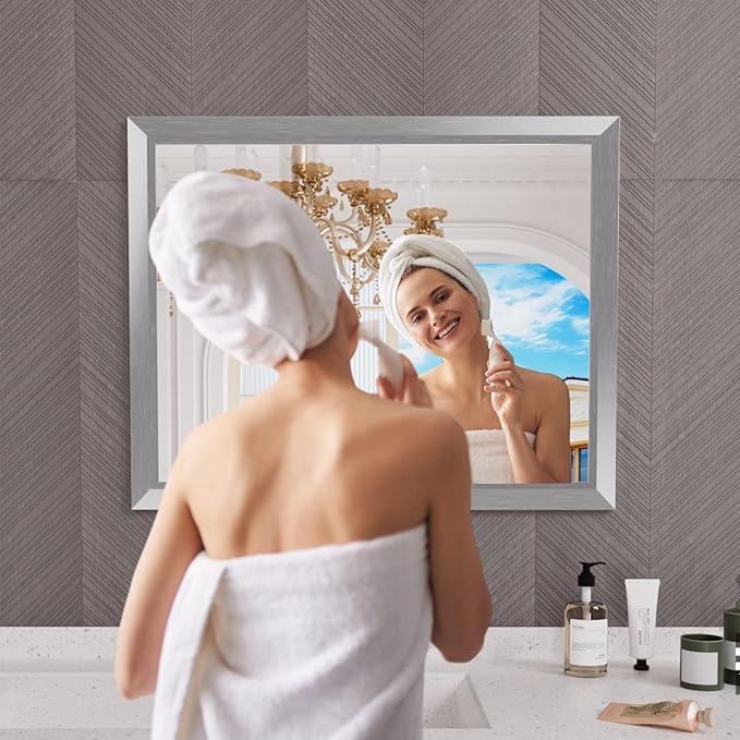 Amorho Bathroom Mirror Silver, 40x32 Inch Thick Metal Framed Wall Mirrors