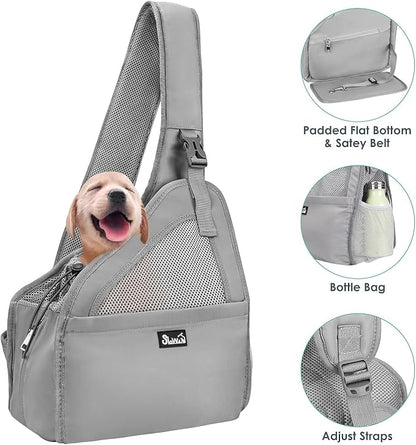 SlowTon Dog Sling Carrier, Hands Free Hard Bottom for Small Dogs up to 6 lb | Breathable Mesh Support, Adjustable Padded Strap, with Pocket Safety Belt, Machine Washable, for Small Animal Puppy, Grey