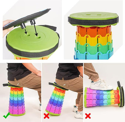 FXKS 2 Pack Upgraded Collapsible Stool Folding Stool with Cushion,Retractable Folding Stool Max Load Capacity 400lbs, Portable Telescoping Stools for Camping Hiking Outdoor BBQ -Rainbow-Green