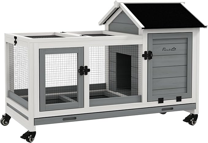 PawHut Wooden Rabbit Hutch with Wheels, Indoor Outdoor Large Bunny Hutch with Run & Slide-Out Tray for Small Animals, Rabbits, Chickens, Ducks, Guinea Pig, Gray