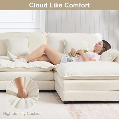 KIVENJAJA 111.5”W Chenille L-Shaped Modular Sectional Sofa, Modern 3-Seater Comfy Deep Seat Cloud Couch with Ottoman/Chaise & 5 Pillows for Living Room Office Apartment, Beige
