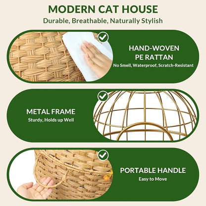 Cat Hidden Litter Box Enclosure Furniture, Handwoven Rattan Cat House with Decorative Faux Plant, Cat Litter Box with Scoop & Sisal Ball, Real Stones for Living Room, Bedroom, Corner Natural