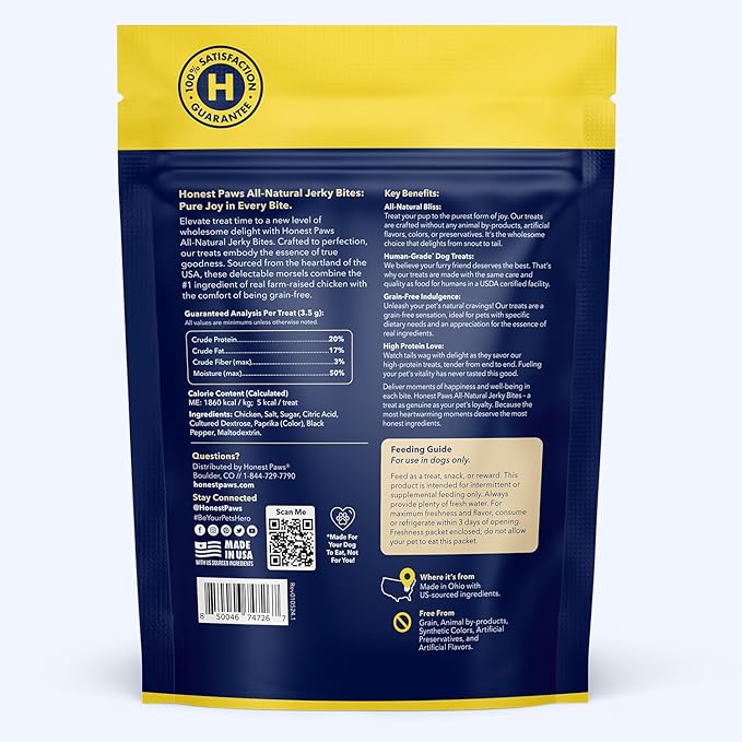 Honest Paws Dog Jerky Treats - All-Natural Jerky Dog Treats for Training Pets - Human Grade Bites - Real USA Chicken