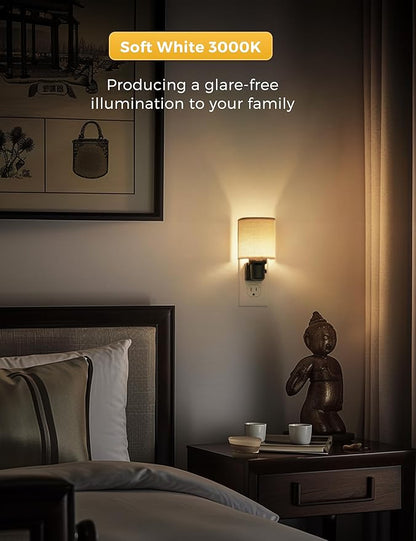L LOHAS LED Night Lights Plug into Wall, Plug in Night Light Dimmable 100LM, Farmhouse Decorative Nightlights Plug in Wall, Light Sensor, Soft Linen Fabric Nightlight Warm for Bedroom Hallway, 2 Pack